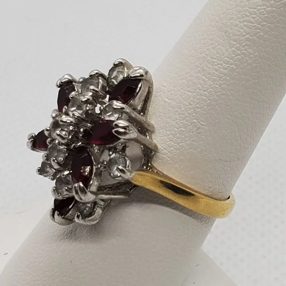Vintage Gold Tone & Silver Tone Red & Clear Rhinestone Ring (8)